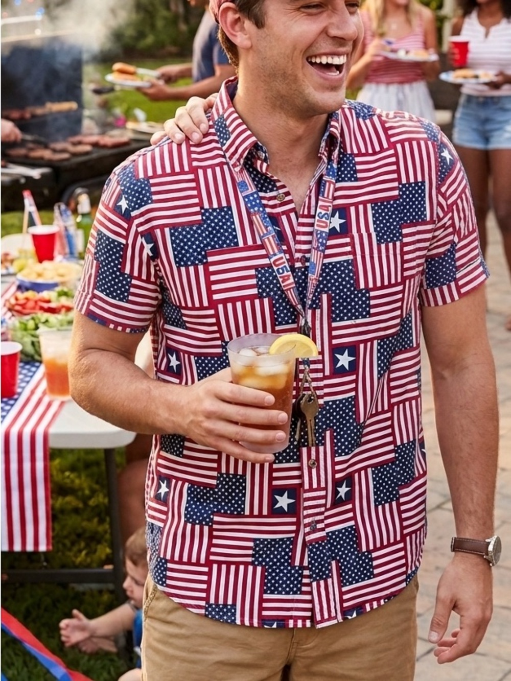 5th & Ocean Red, White, and Blue Flag Pattern Shirt 100% Cotton